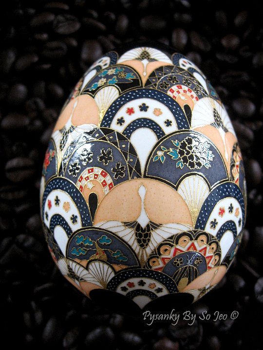 Cranes and Fans ChiyogamiUkrainian Style Easter Egg Pysanky by So Jeo